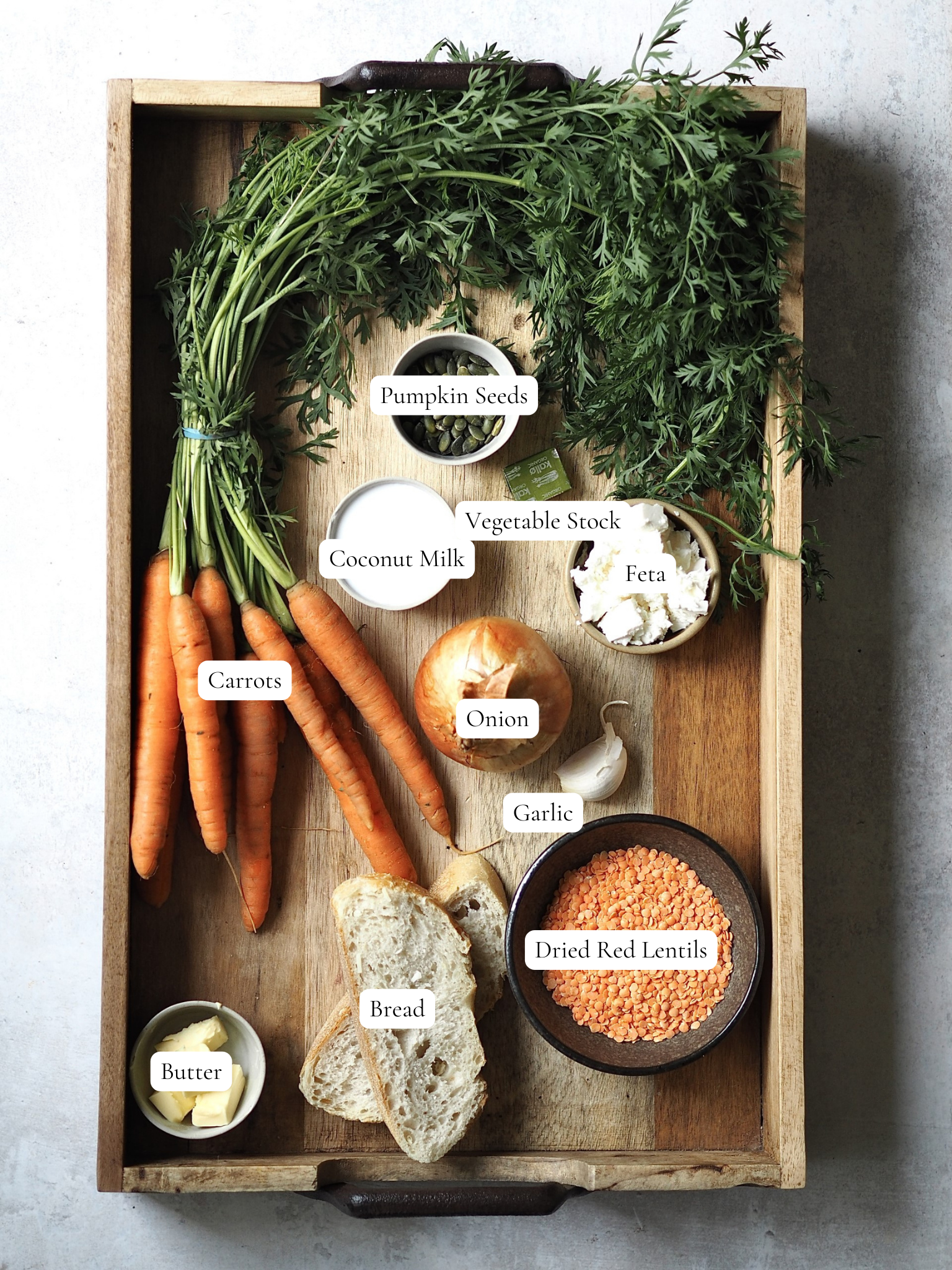 Ingredients for Spiced Carrot and Lentil Soup.