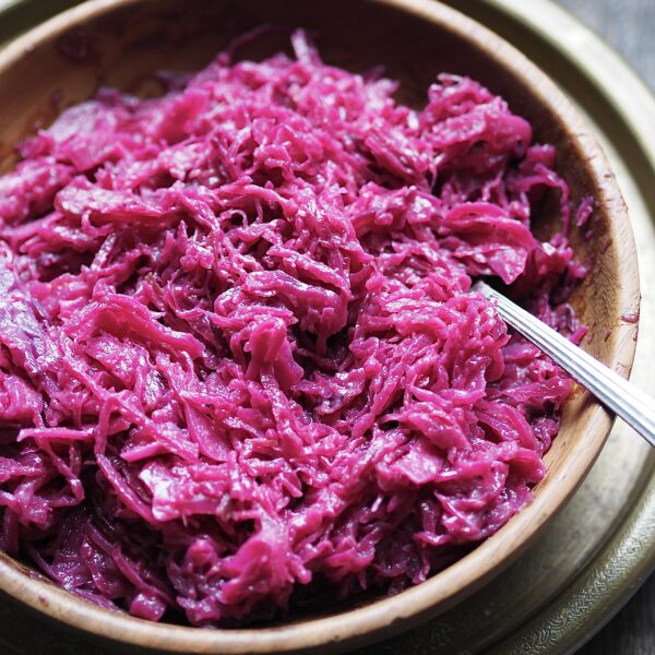 Close up of a bowl of braised red cabbage.