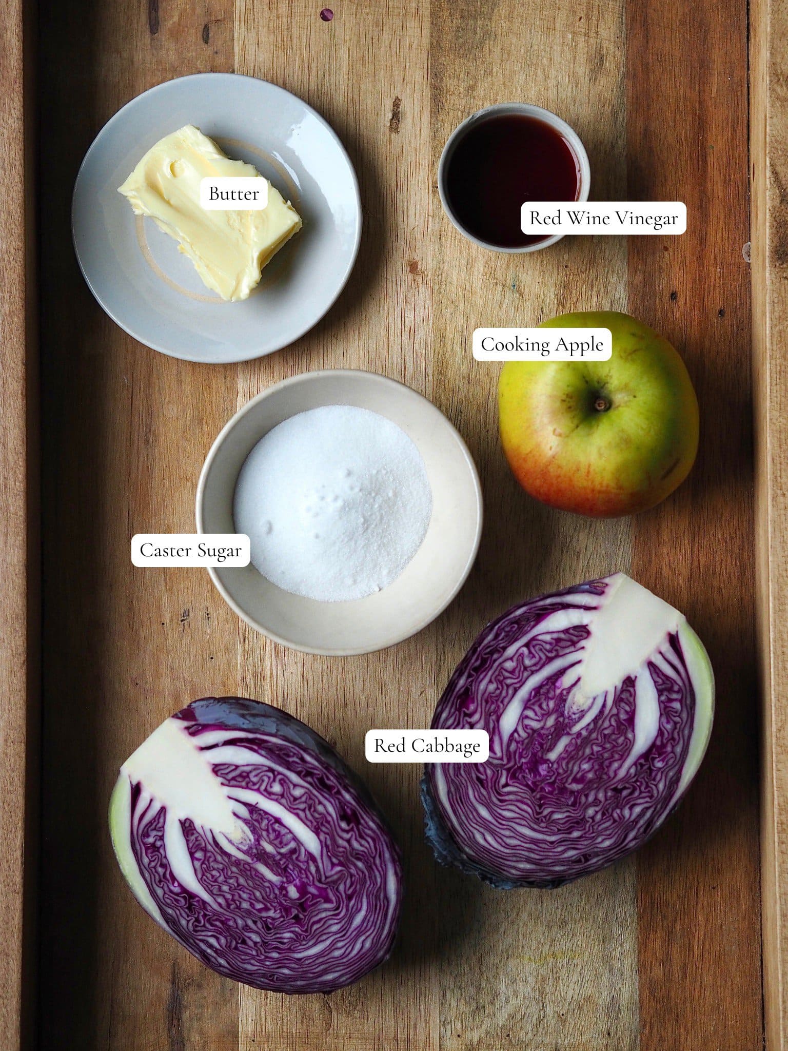 Labelled ingredients to make Sticky Red Cabbage.