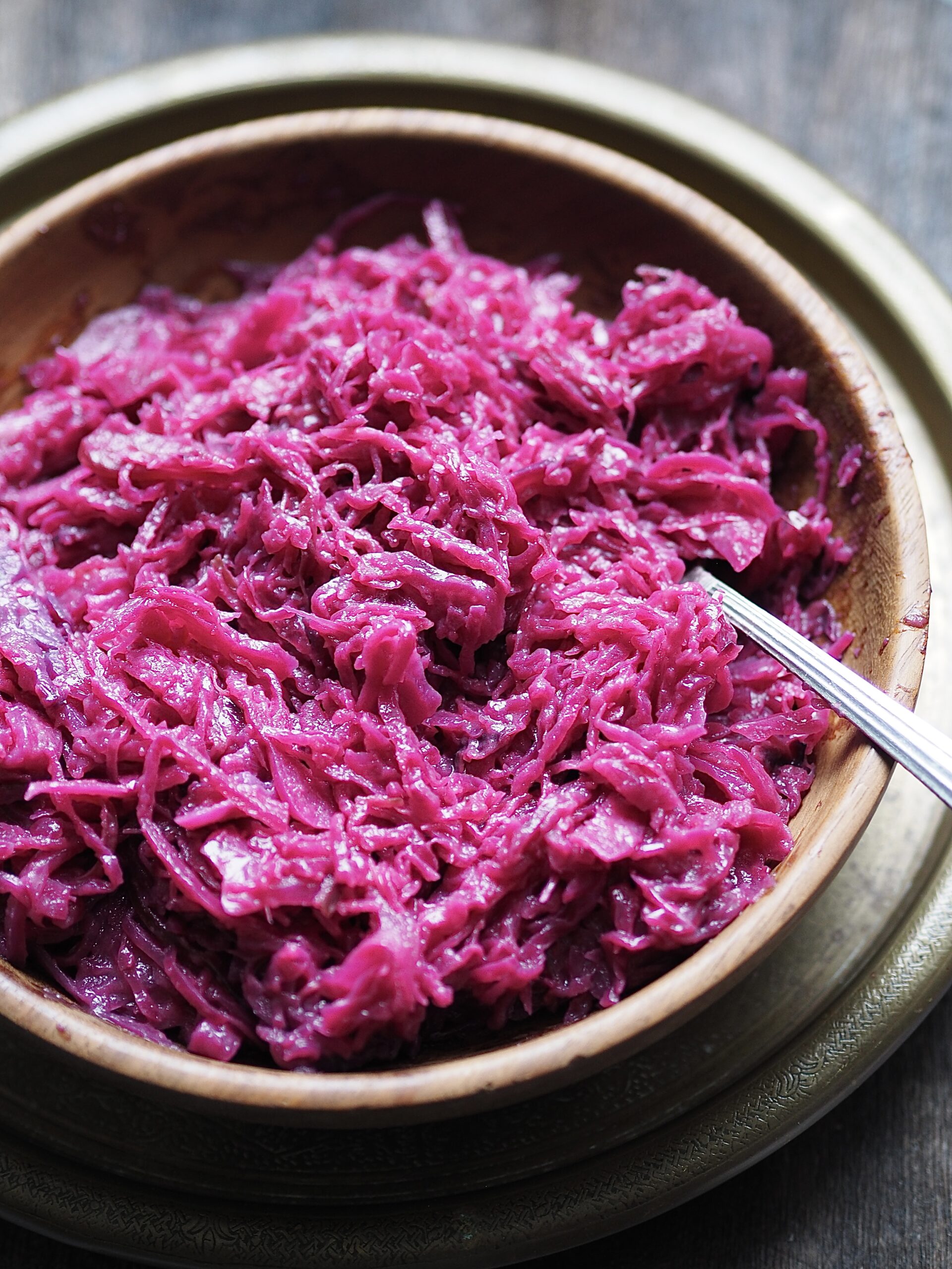 Close up of a bowl of braised red cabbage.