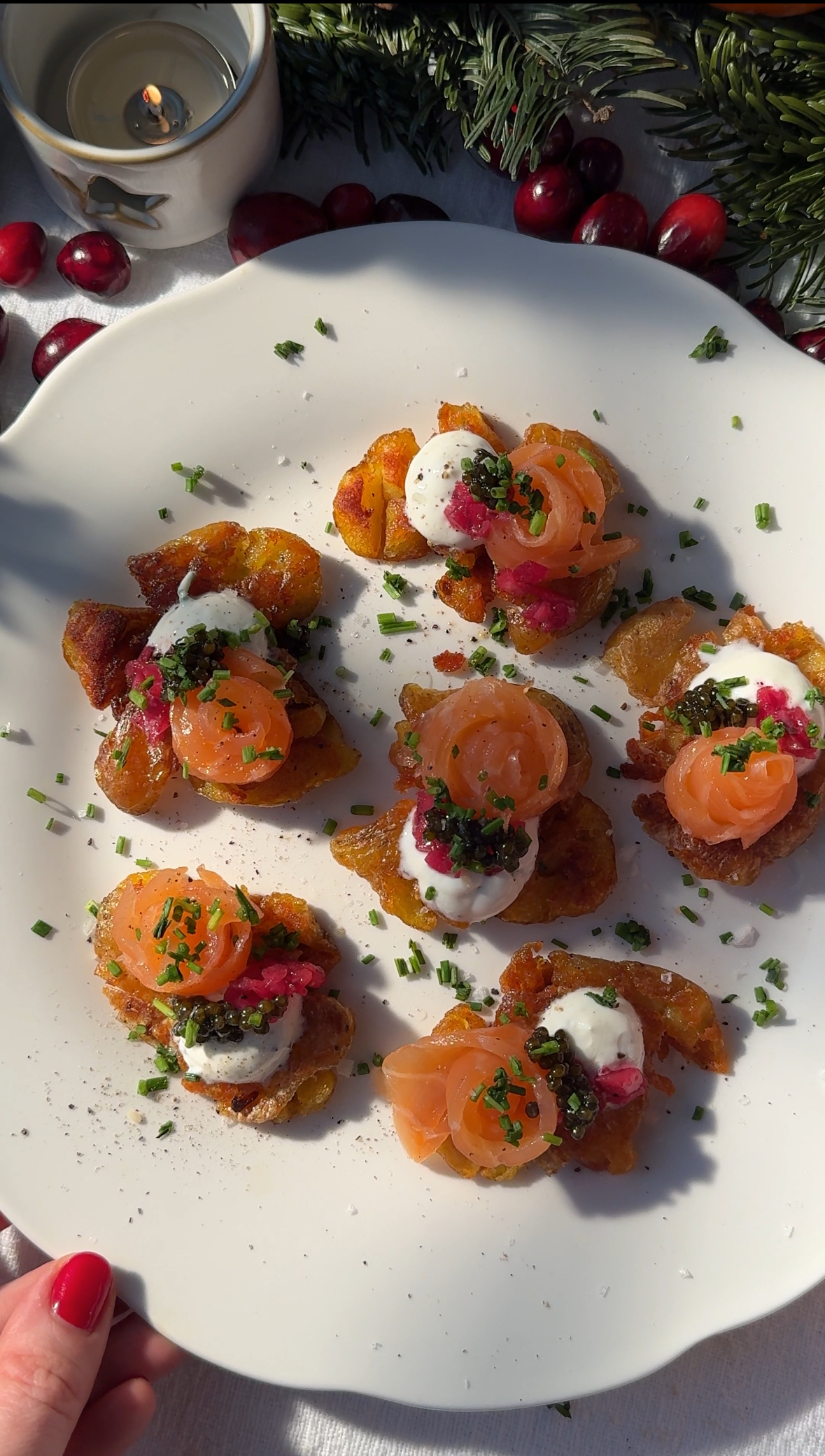 a plate of Smashed Potatoes with Crème Fraîche and smoked salmon.