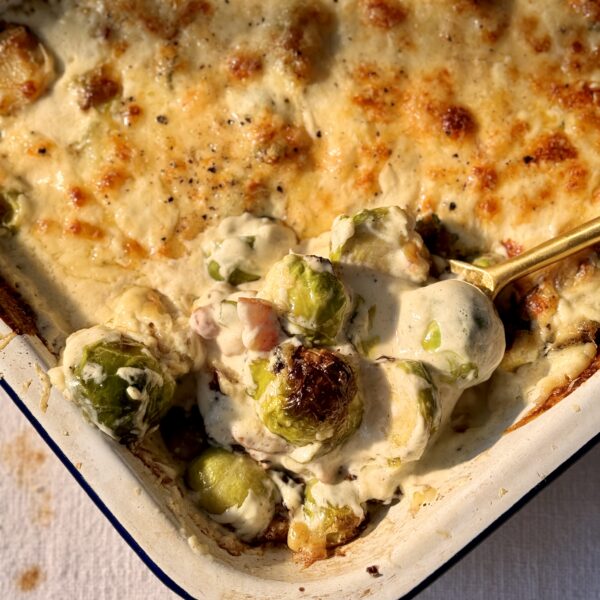 Brussels sprout casserole in a tray.