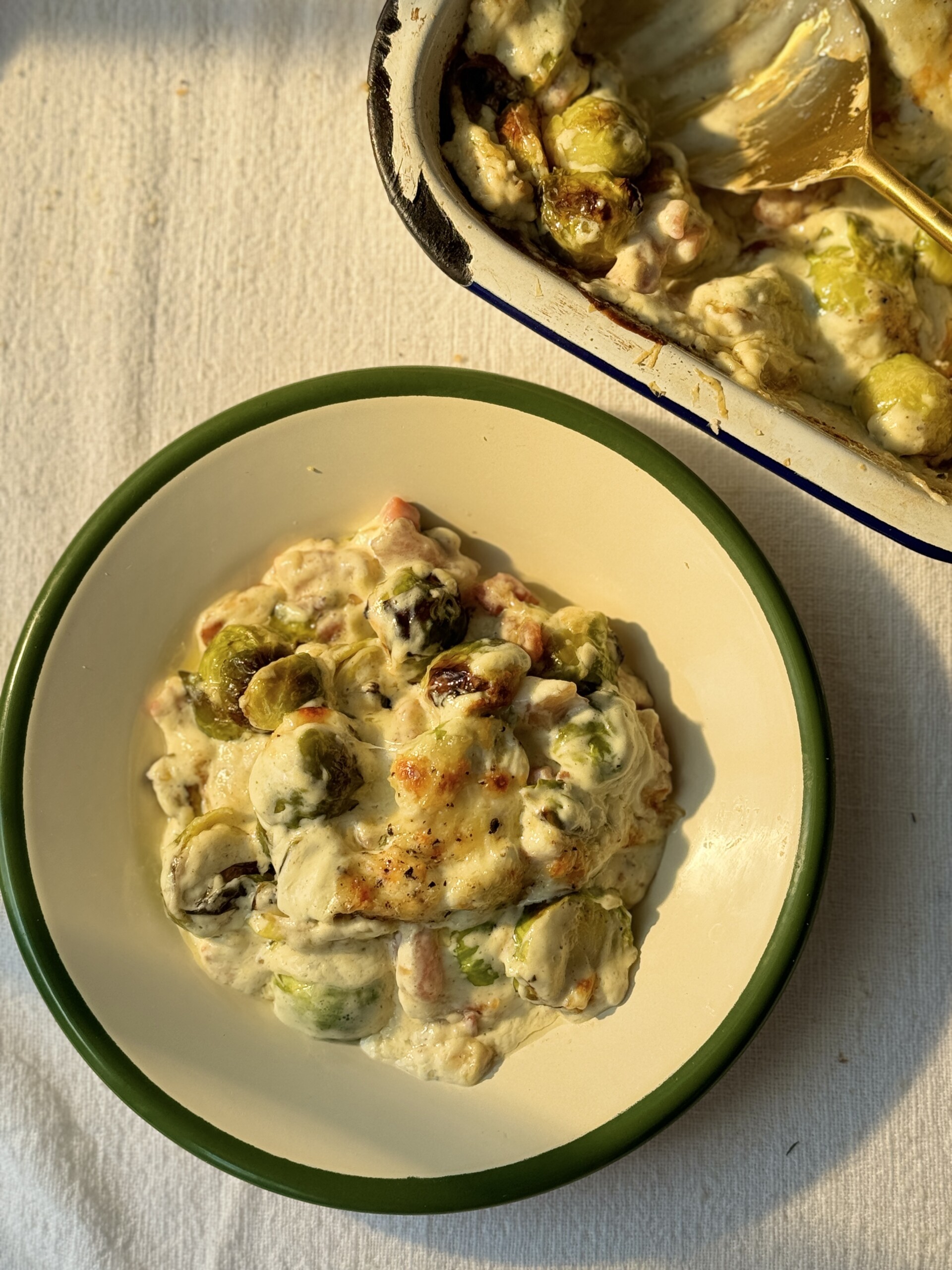 a plate of Brussels sprout casserole.