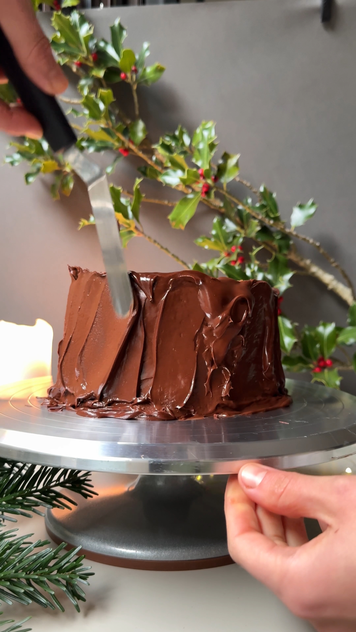 decorating the buche de noel.