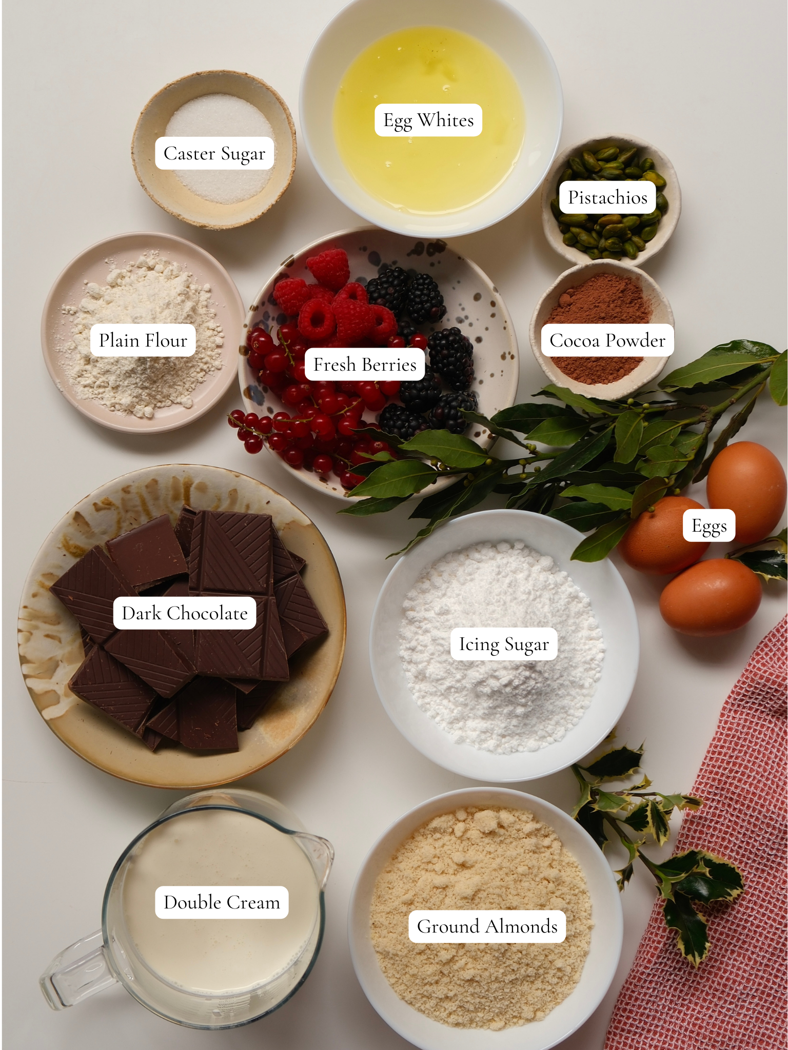 labelled ingredients to make yule log cake. 