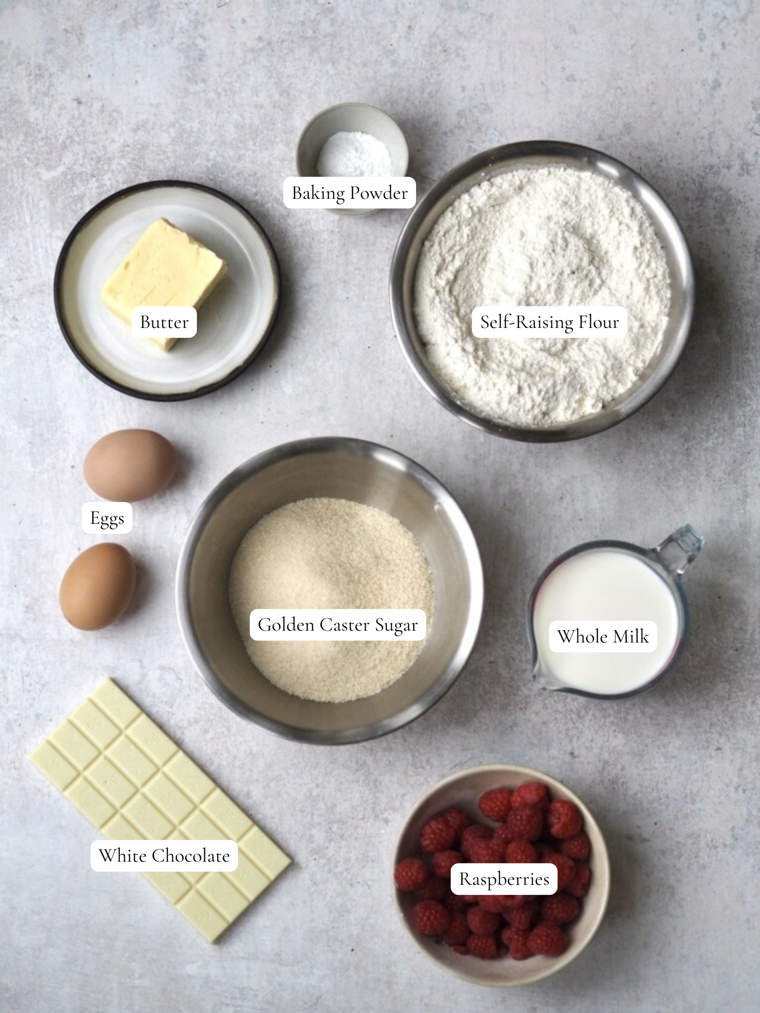 Ingredients to make the Raspberry White Chocolate Muffins.