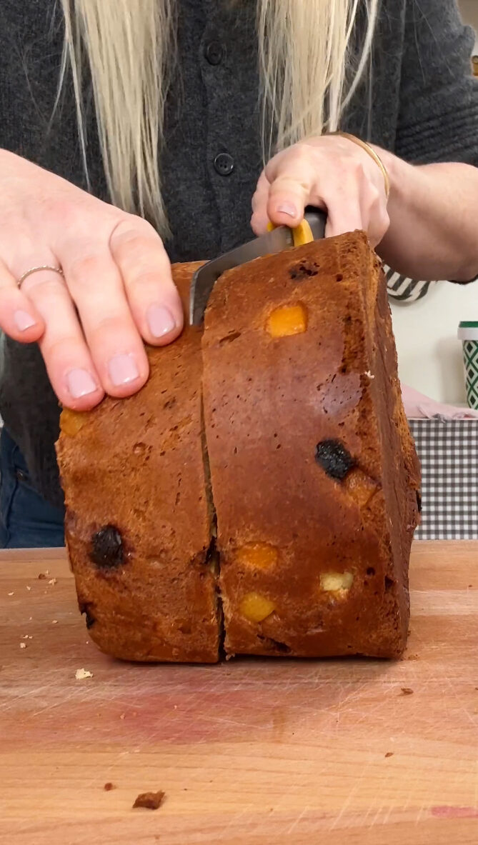 slicing panettone for no bake tiramisu cake.