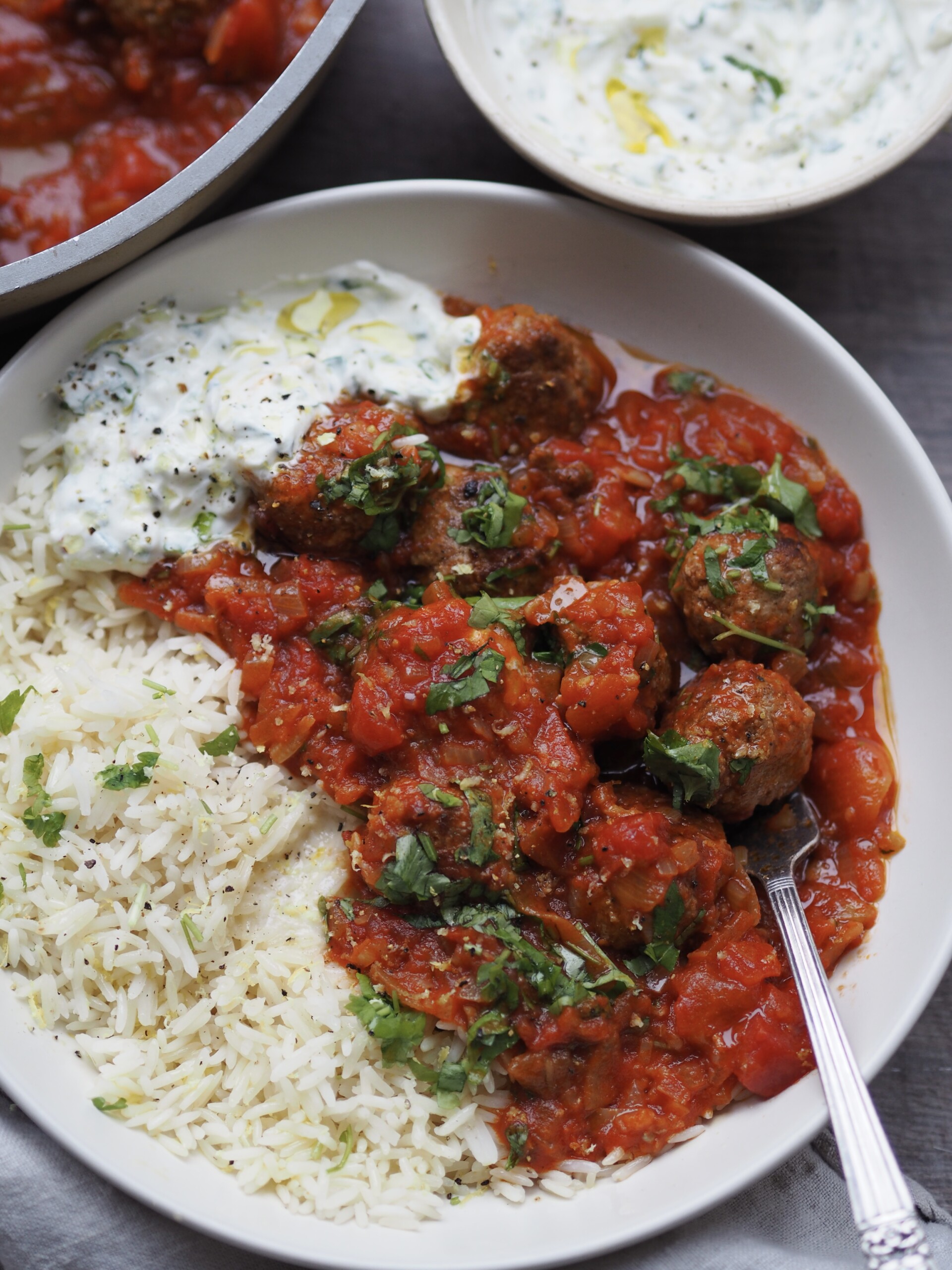 lamb mince meatballs with rice and tomato sauce.