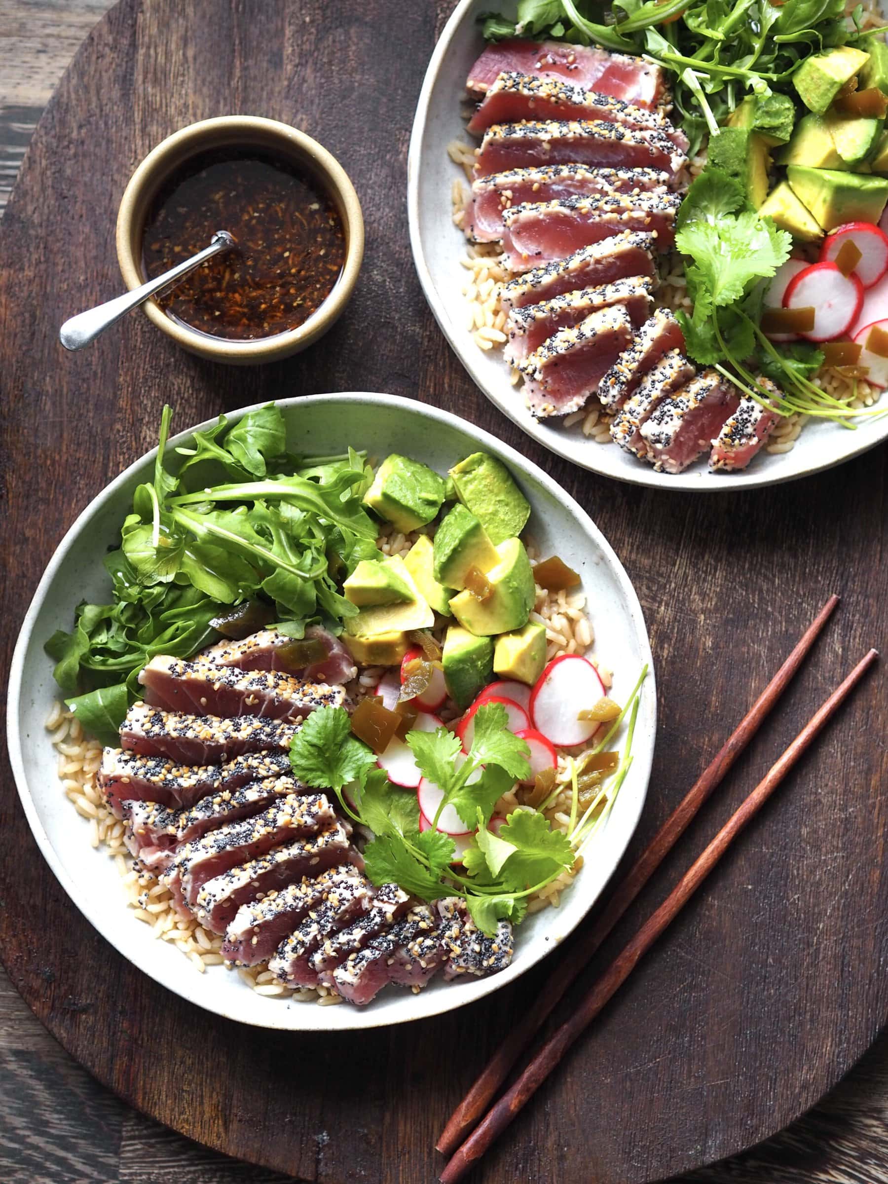 ahi tuna salad with ginger dressing on the side.