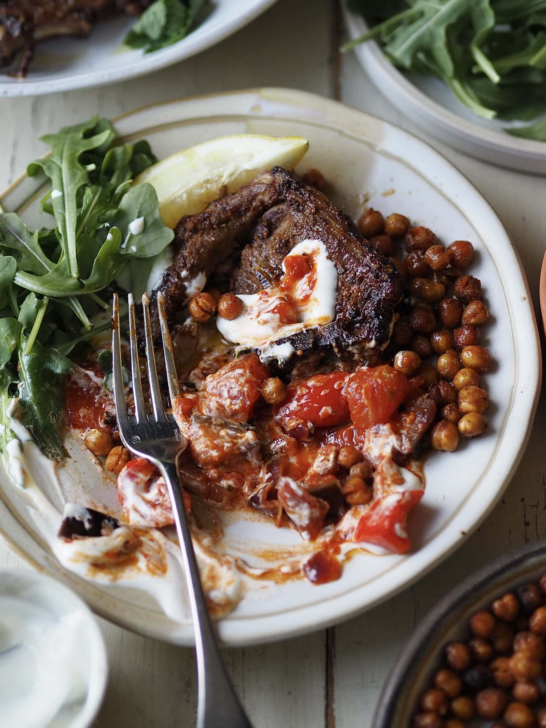 air fryer lamb chops with tomato aubergine stew.