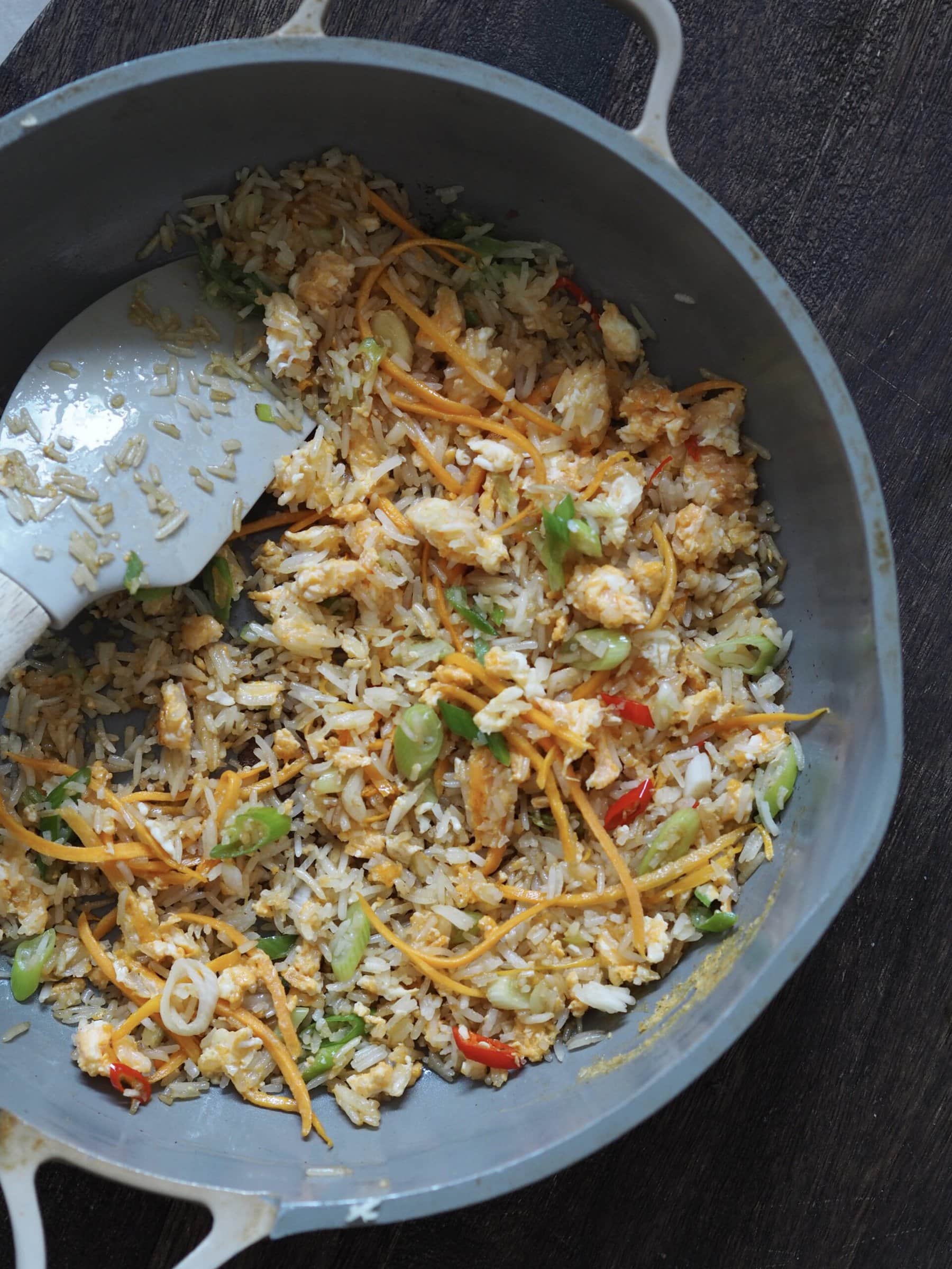 making egg fried rice as a side to air fryer pork belly.