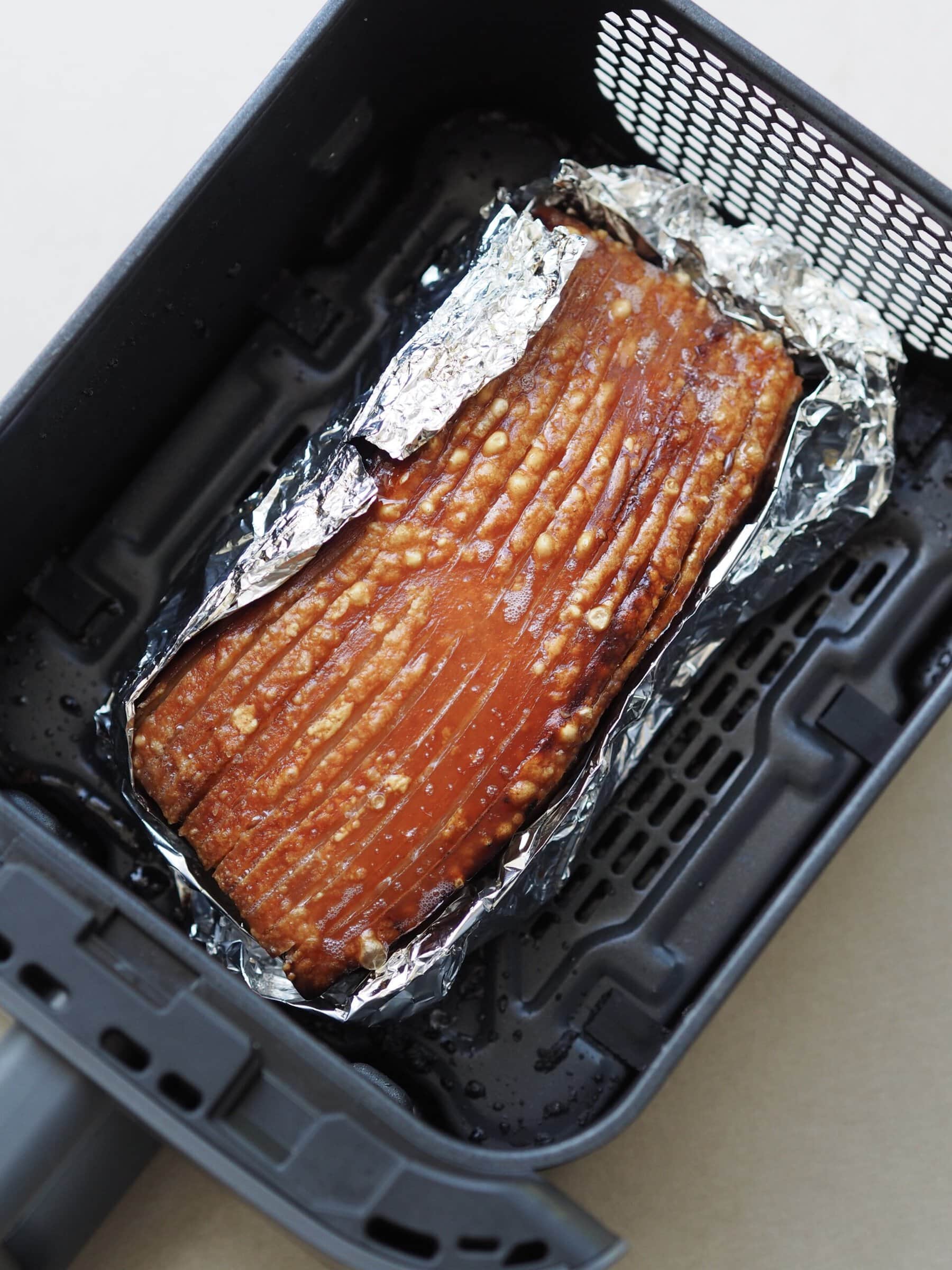 pork belly in air fryer after cooking.