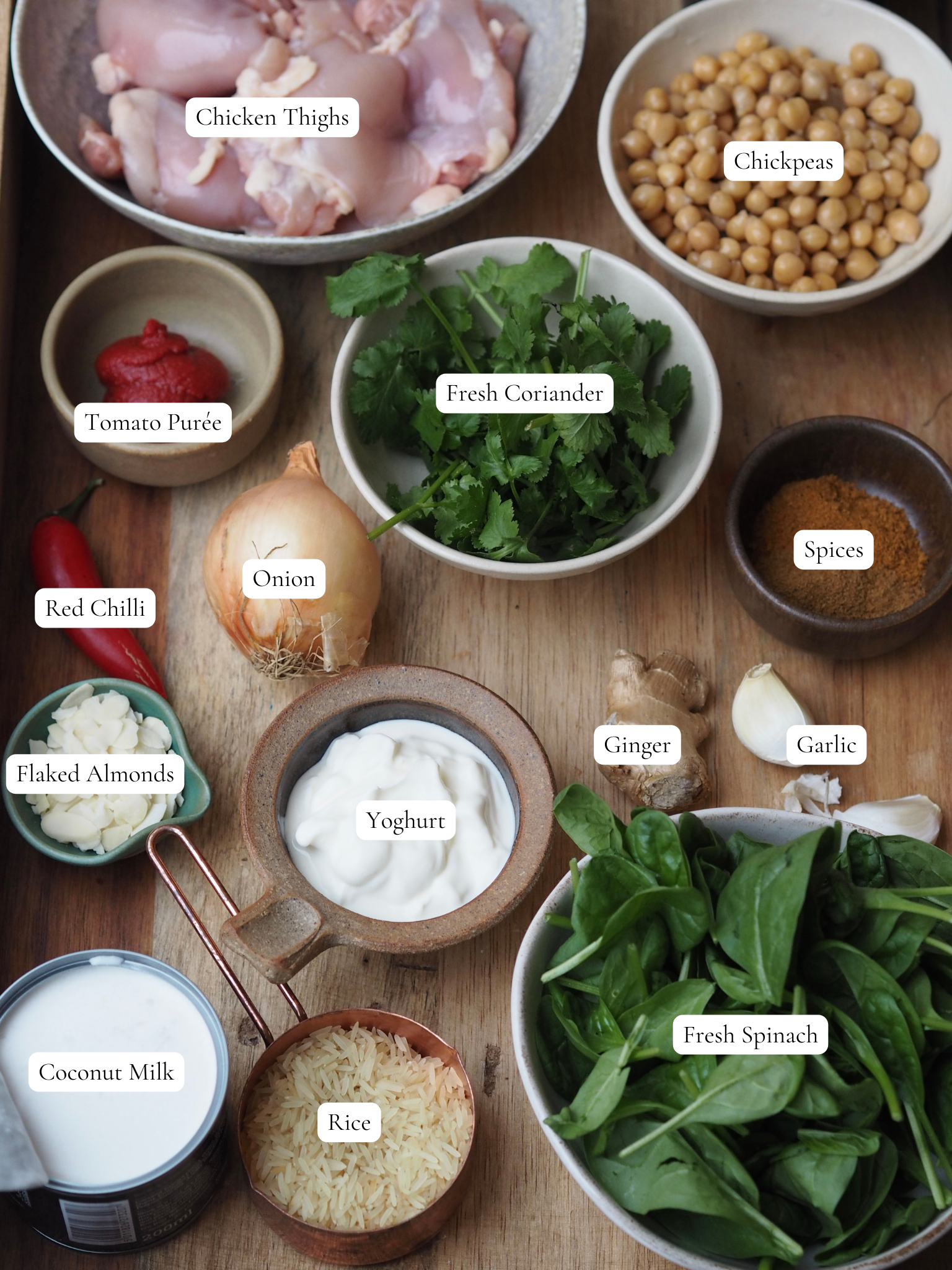 labelled ingredients to make chicken and chickpea curry.