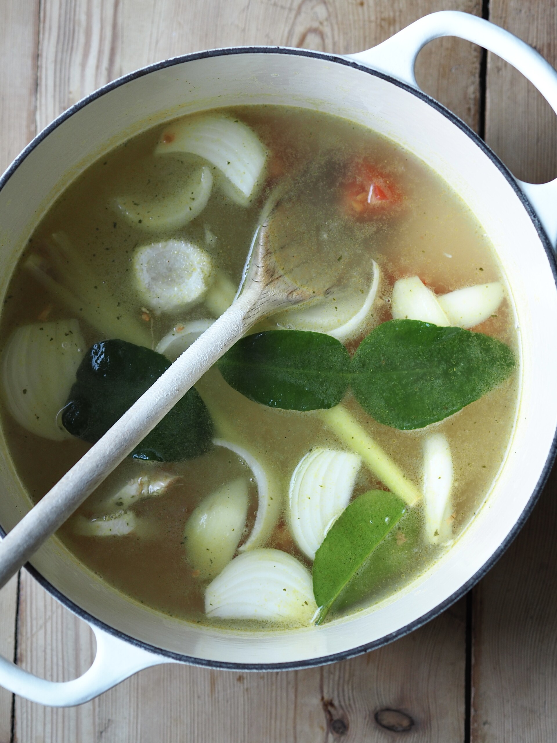 making the soup, adding in chicken broth.