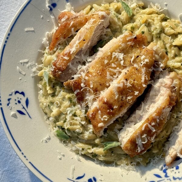 lemon chicken orzo in a bowl with blue flowers.