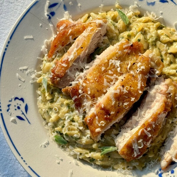 lemon chicken orzo in a bowl.