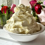 whipped mascarpone cream in bowl.