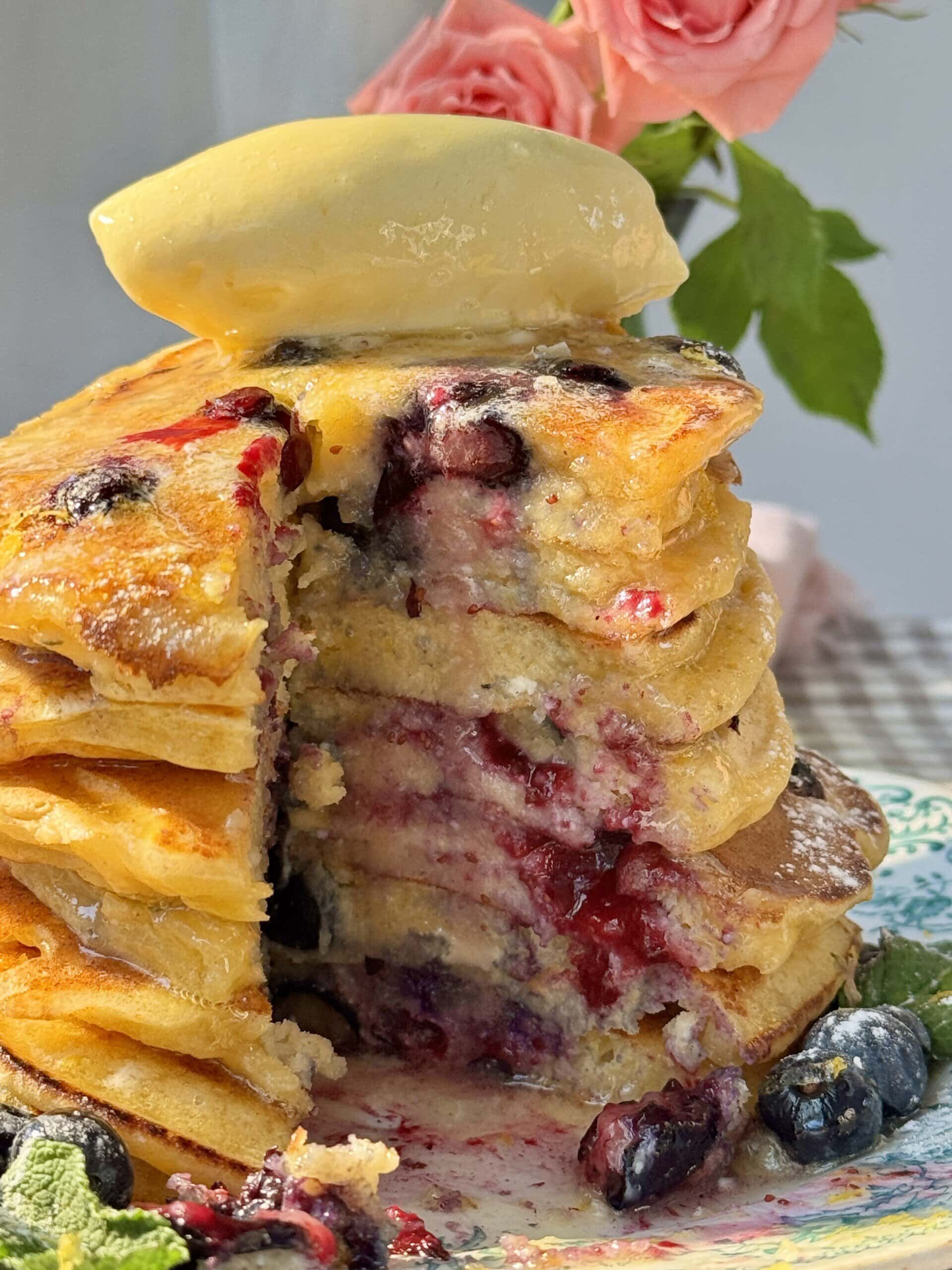 sliced lemon ricotta blueberry pancakes.