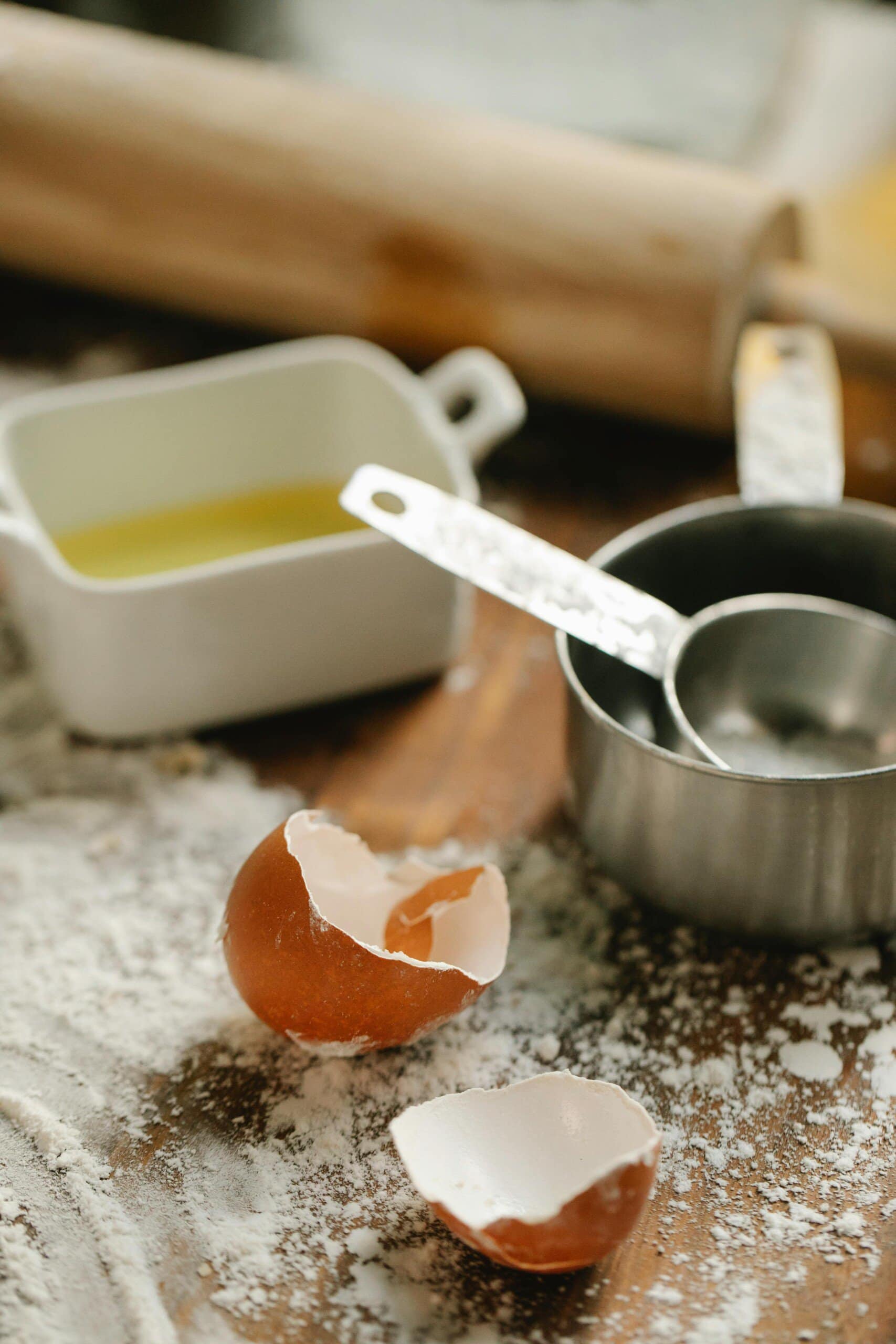 egg shells and empty cup measurements.