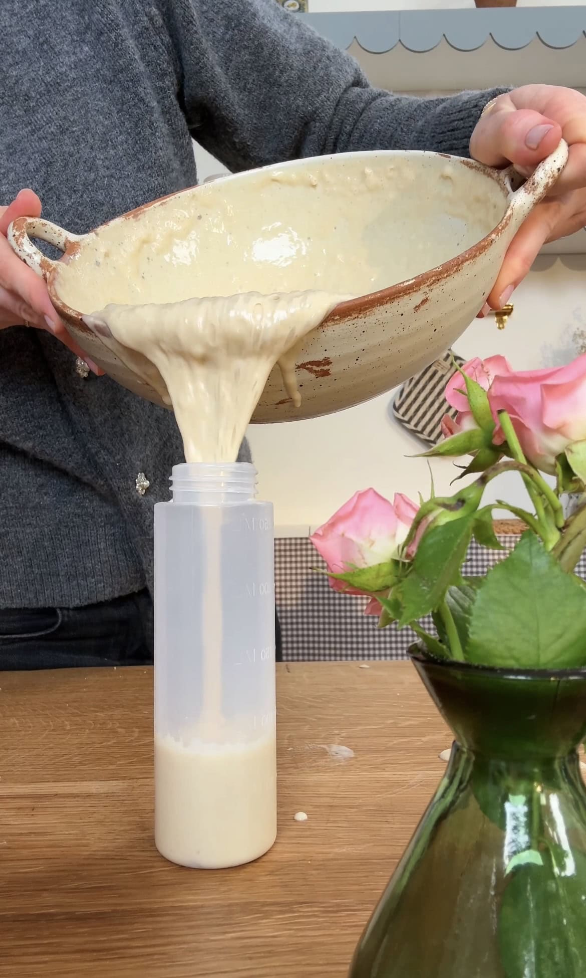 pouring batter into squeezy bottle.