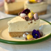 mini egg cheesecake slice on plate.