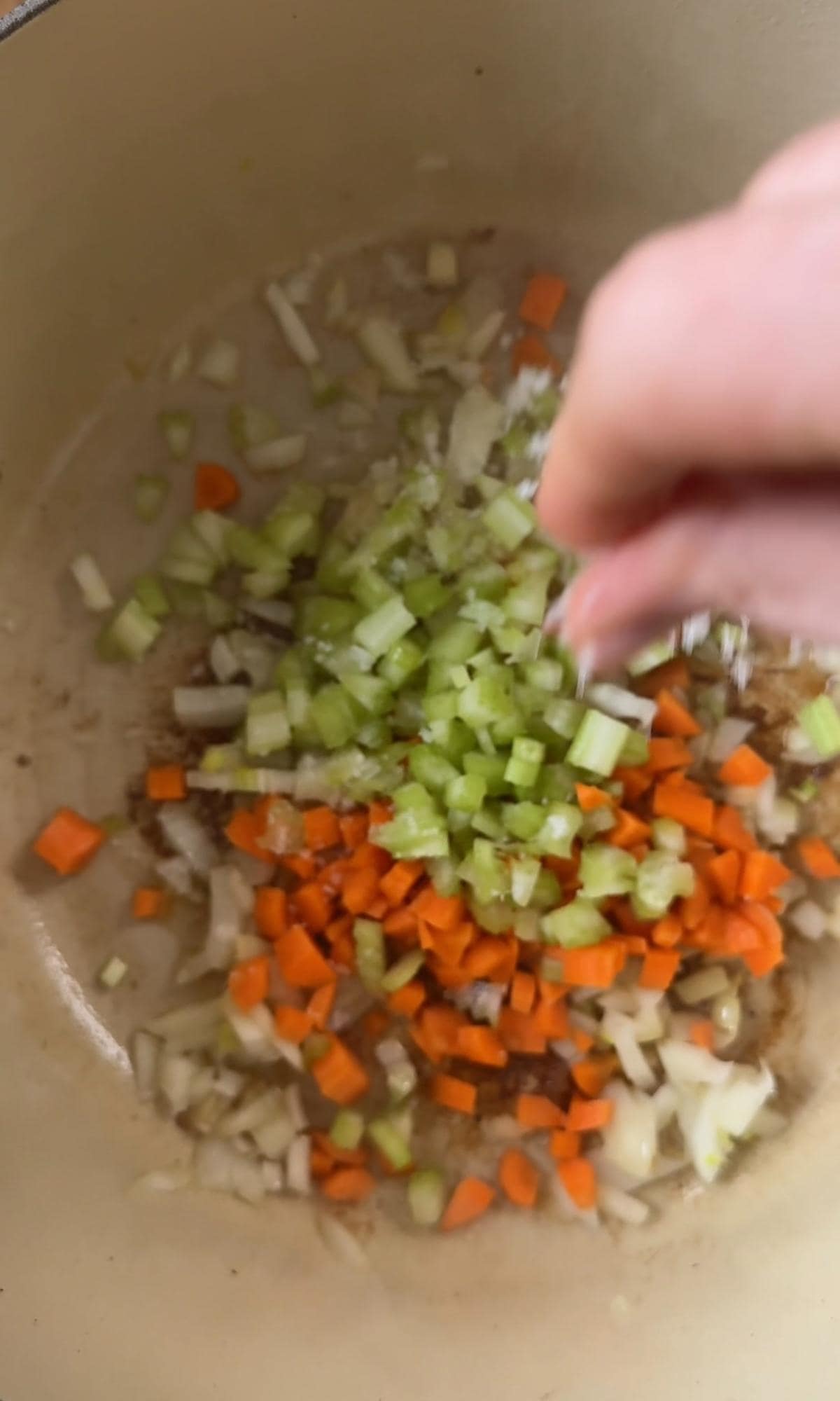 frying diced soffritto in a pan.