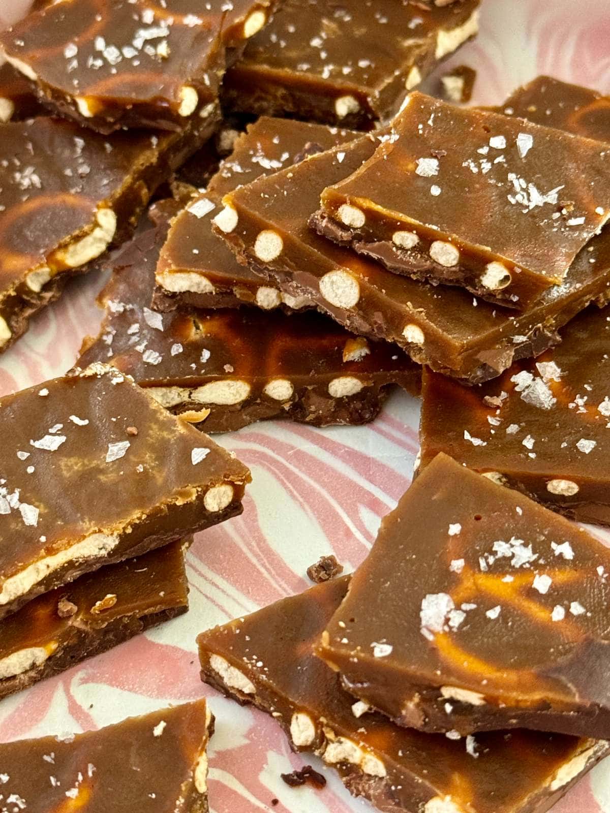 christmas pretzel crack on a baking tray.