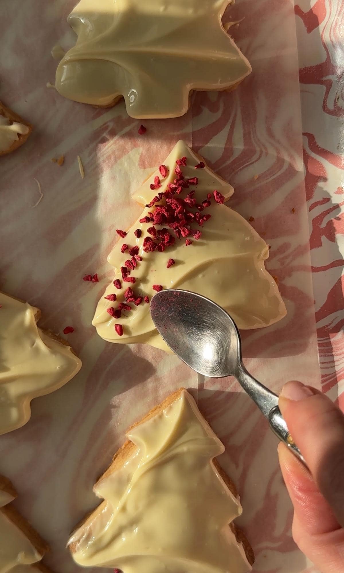 decorating christmas tree cookies with raspberries.