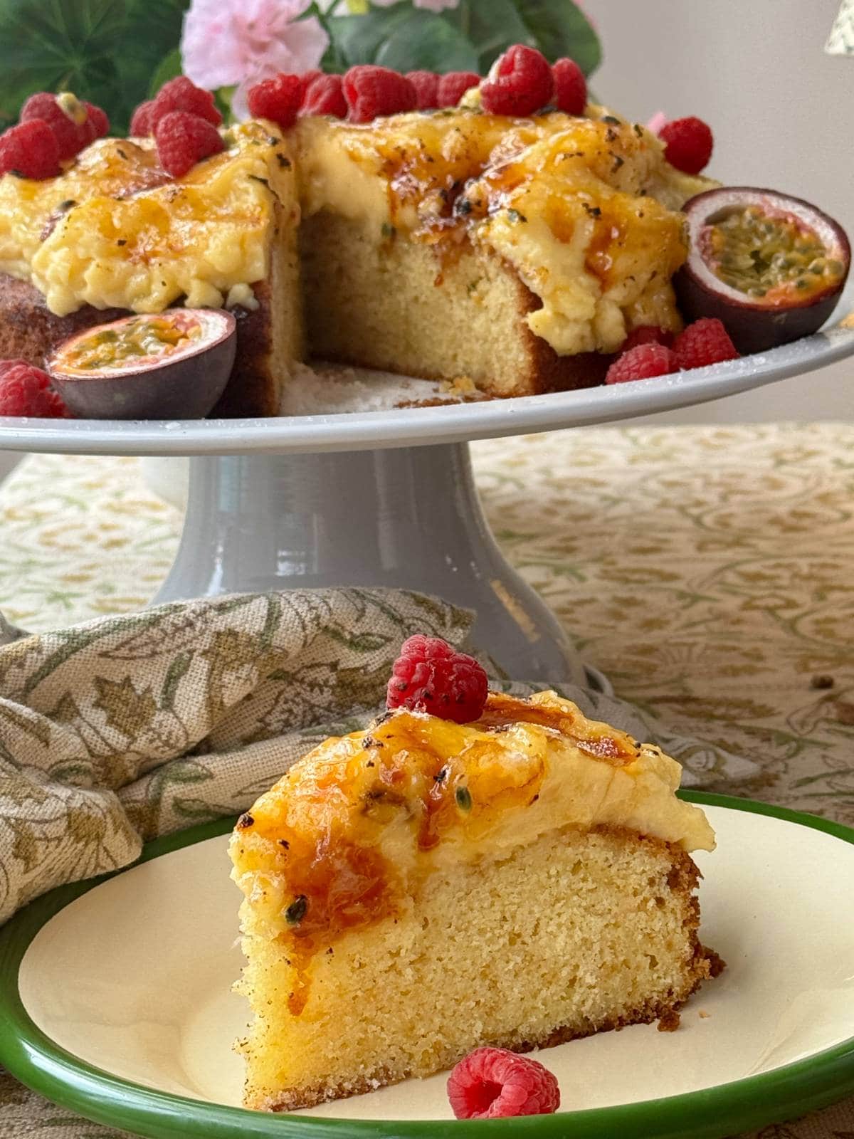 creme brulee cake slice on a plate.