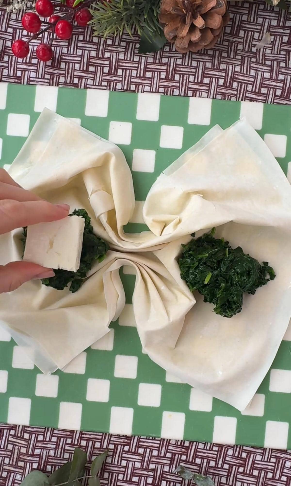 flilling filo with spinach feta.