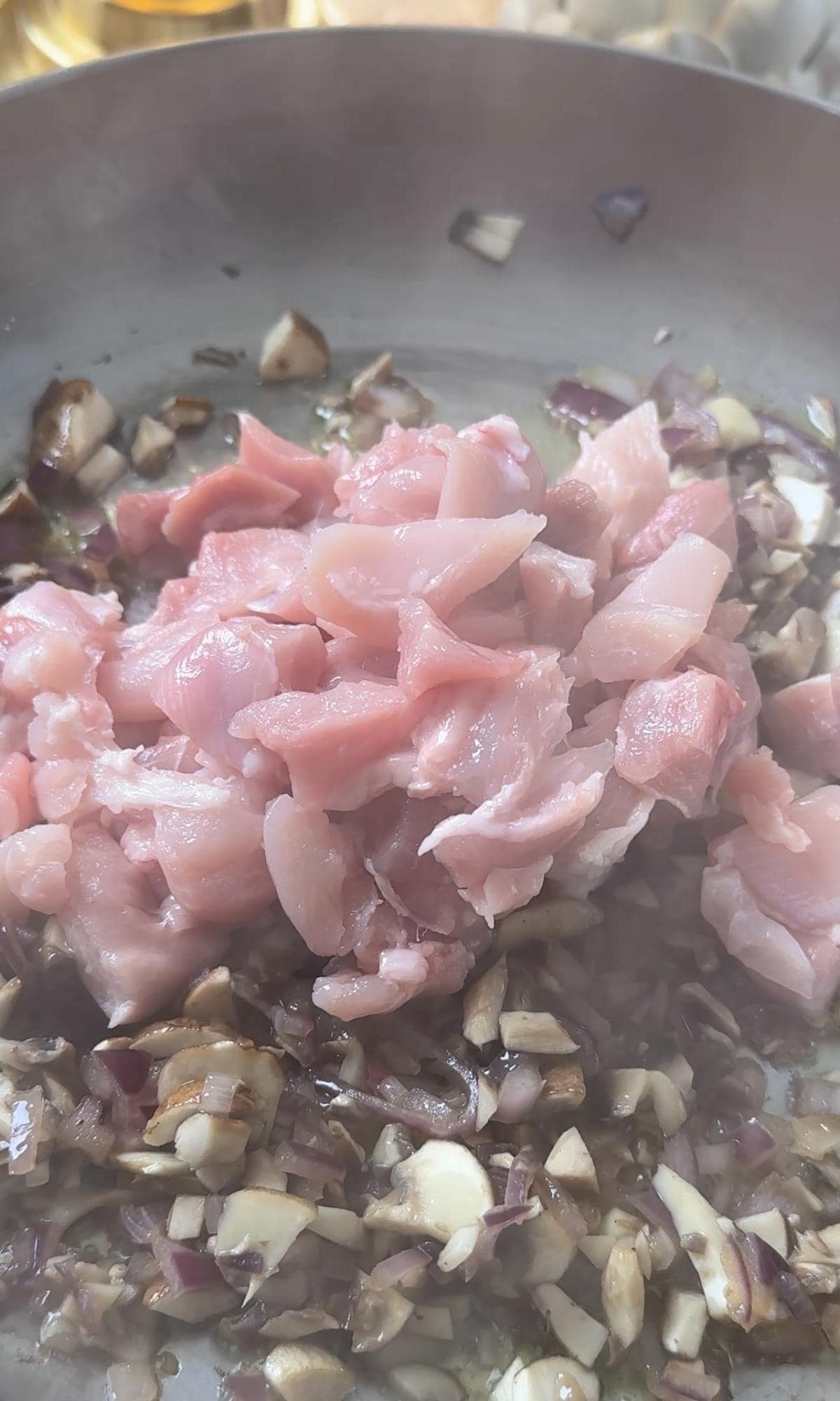 frying chickem for volu au vent filling.