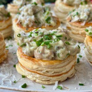 vol au vents on a white plate.