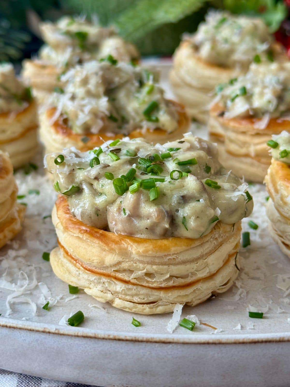 vol au vents on a white plate.