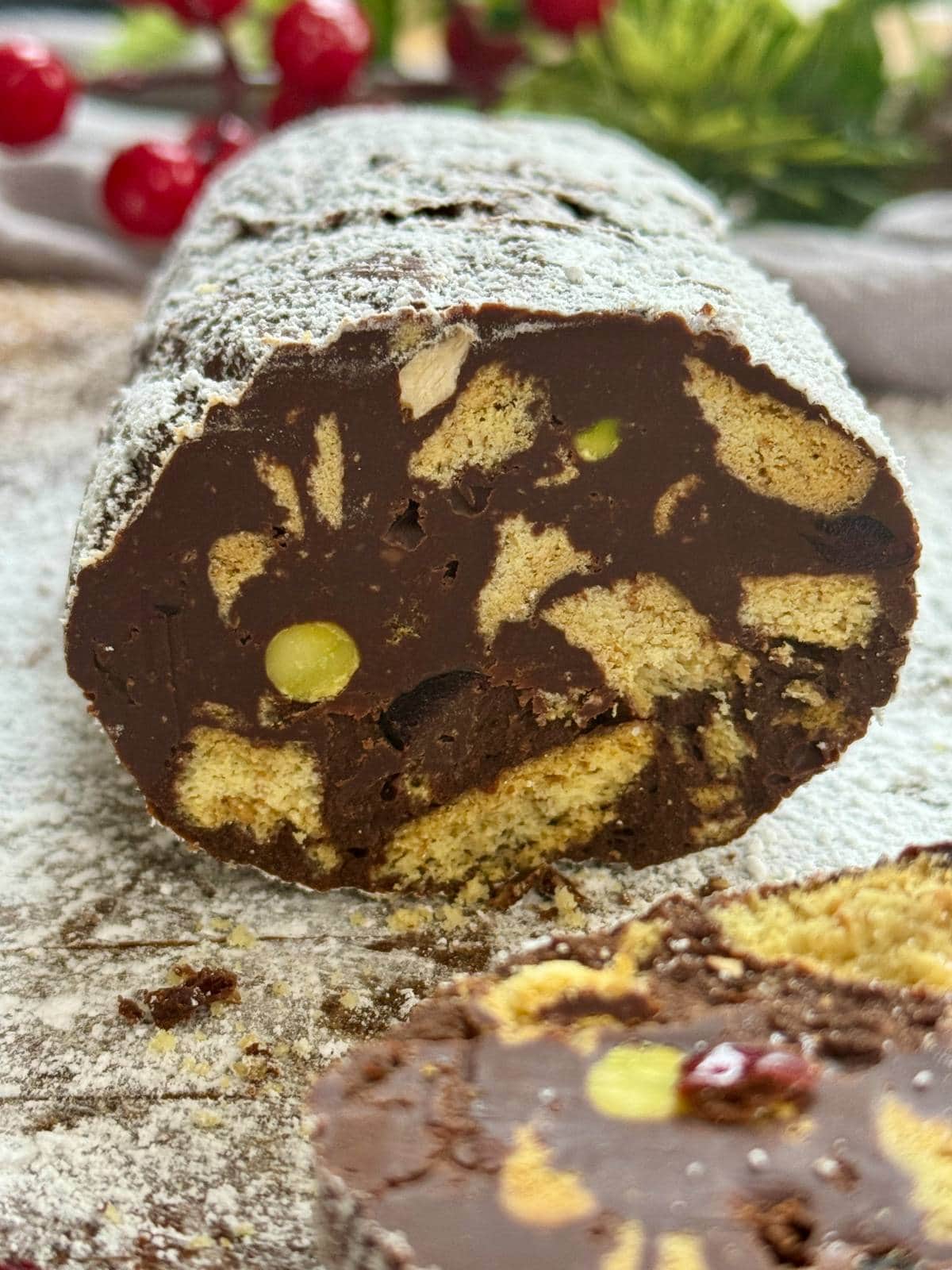 cross section of chocolate salami.