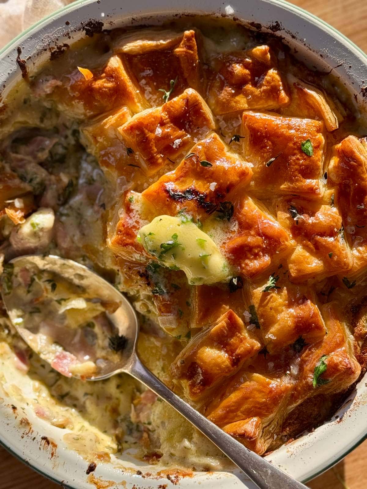 turkey ham pie with garlic butter.