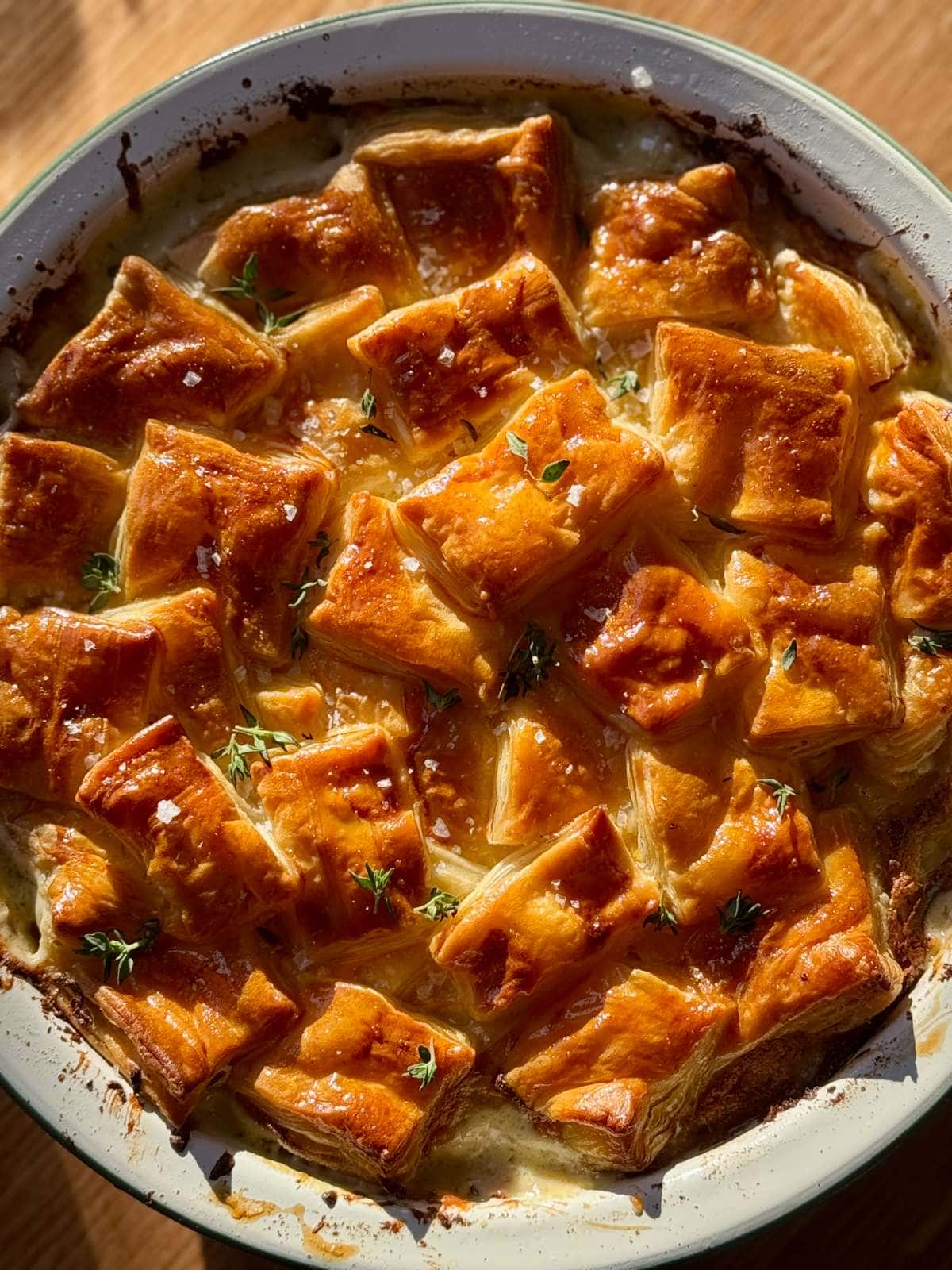 turkey ham pie with garlic butter.