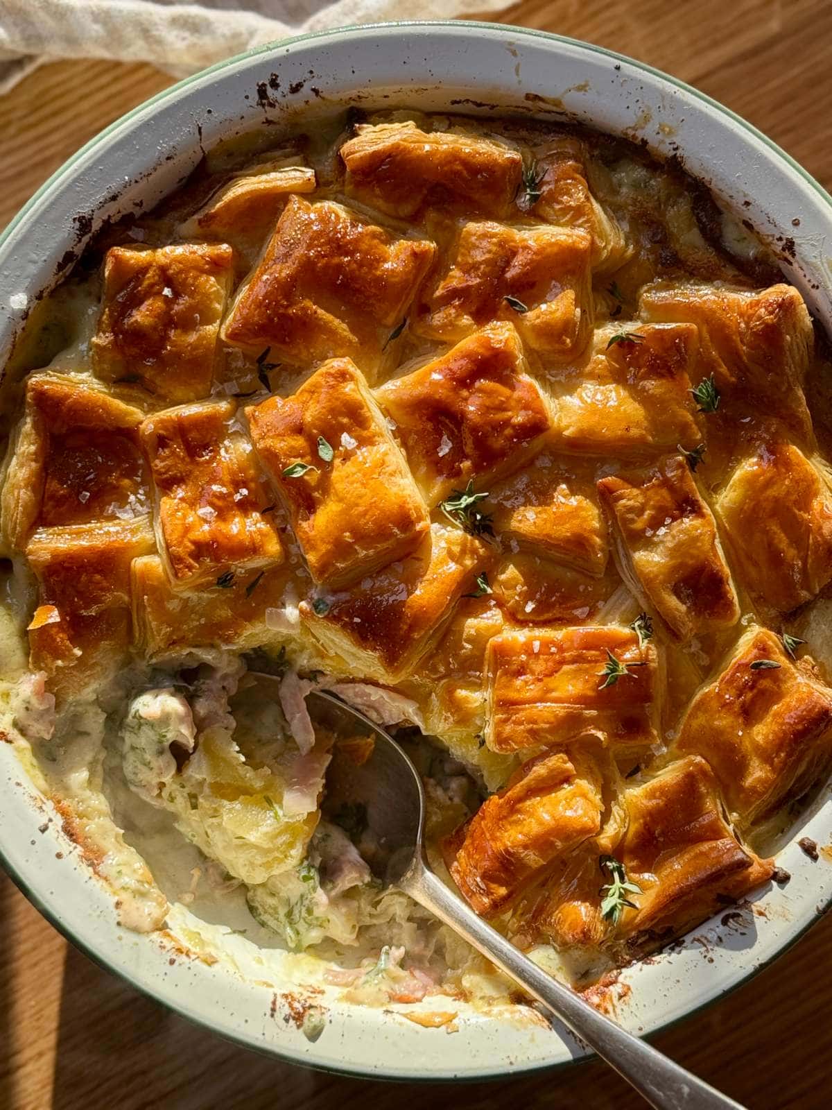 turkey ham pie with garlic butter.