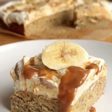 banana bread bars, thick white icing with caramel sauce